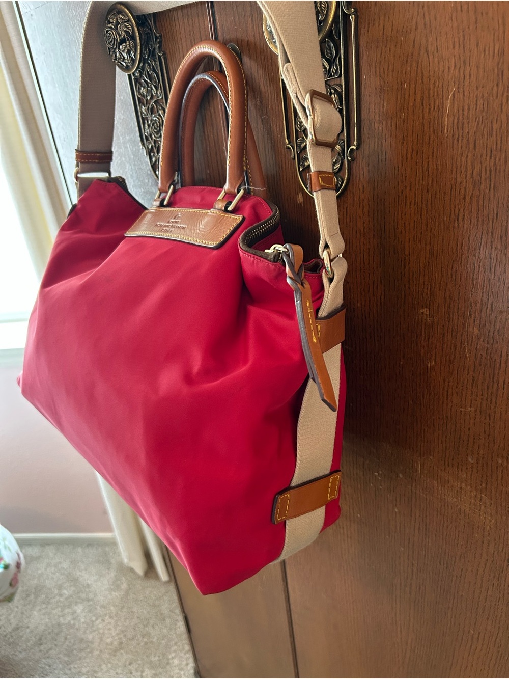 Dooney & Bourke Red Nylon Tote with Tan Leather Trim - Picture 4 of 7